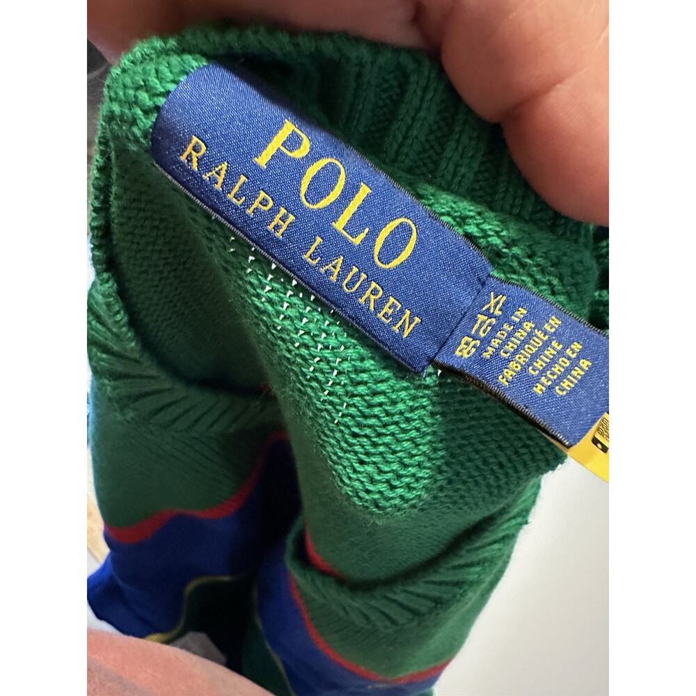 Polo Ralph Lauren Green Blue Striped Cotton Sweater Colorful Preppy XL Mens - Picture 11 of 14